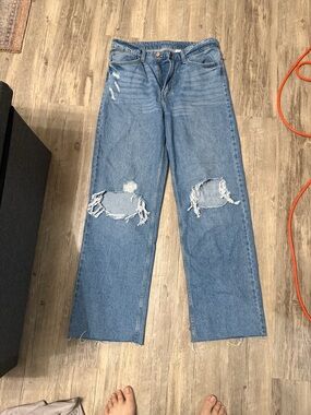 High-Rise Distressed Wide-Leg Jeans in Light Blue